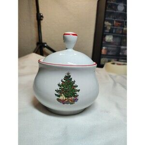 Cuthbertson American Christmas Tree White Sugar Bowl Red Trim